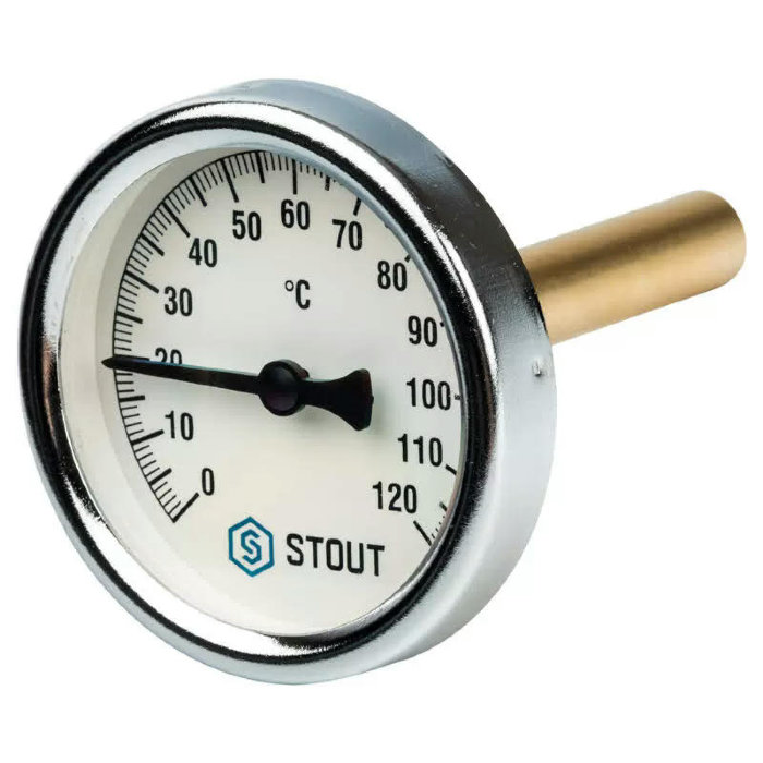 Термометр биметаллический с погружной гильзой Stout, корпус 63 мм, гильза 75 мм, 0-120С