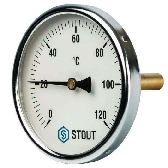 Термометр биметаллический с погружной гильзой Stout, корпус 100 мм, гильза 75 мм, 0-120С