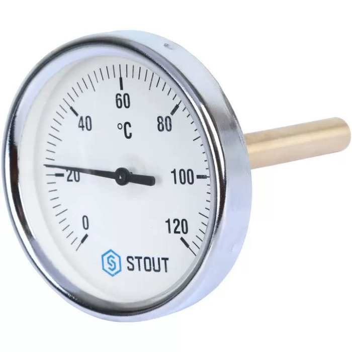 Термометр биметаллический с погружной гильзой Stout, корпус 80 мм, гильза 100 мм, 0-120С